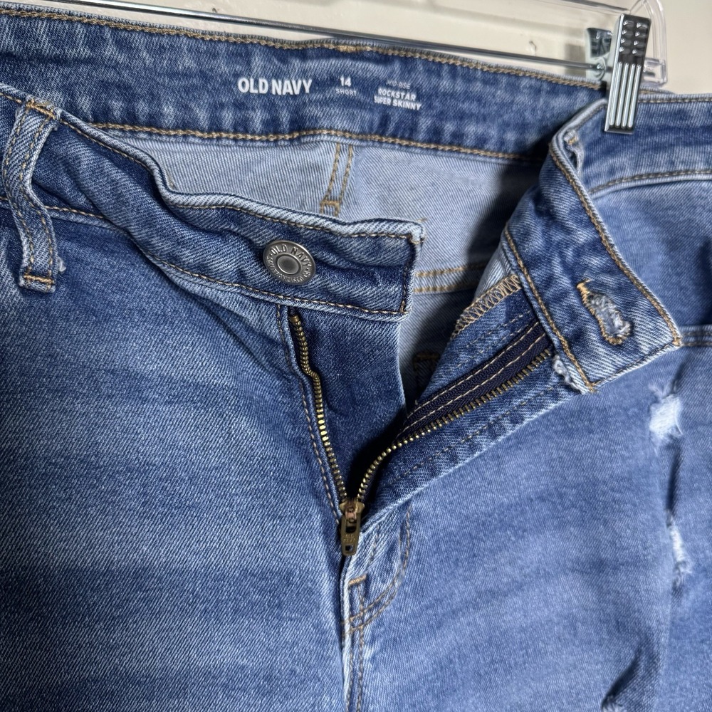 Old Navy Rockstar Super Skinny Jeans Womens 14 Short Distressed Blue Mid Rise - Picture 4 of 6